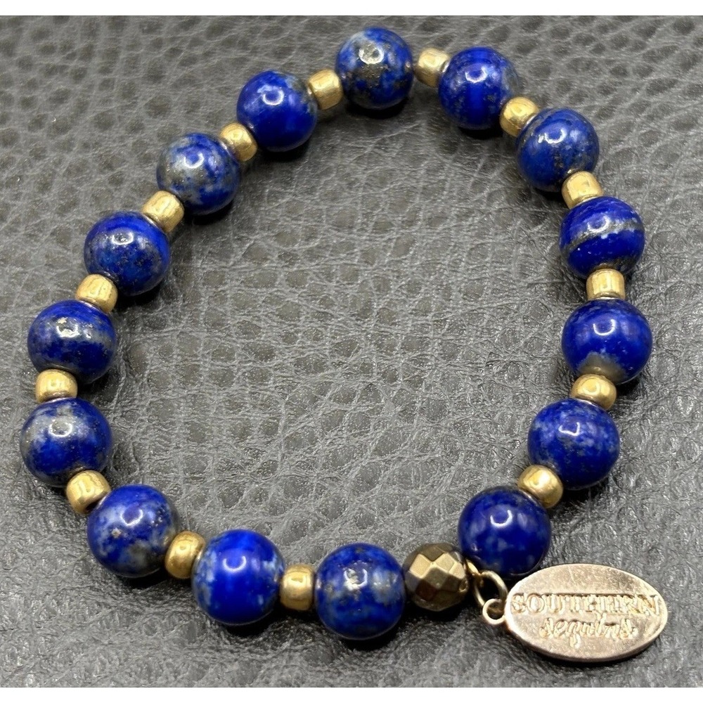 Lapis Lazuli Beaded Bracelet Gemstones Southern Sequins Gold Tone Stretch